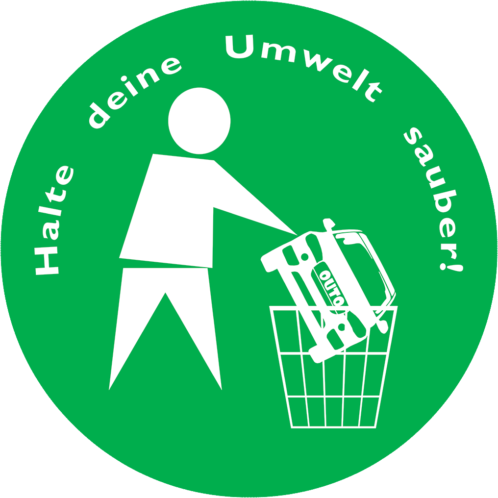 Hier ein Logo, auf dem der Tidyman einen SUV wegwirft mit der Überschrift: Halte deine Umwelt sauber!